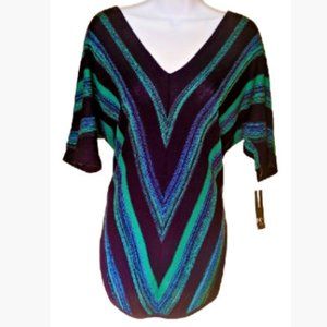 New Directions [NWT] Womens S Navy Turquoise Metallic V-Neck Lightweight Sweater